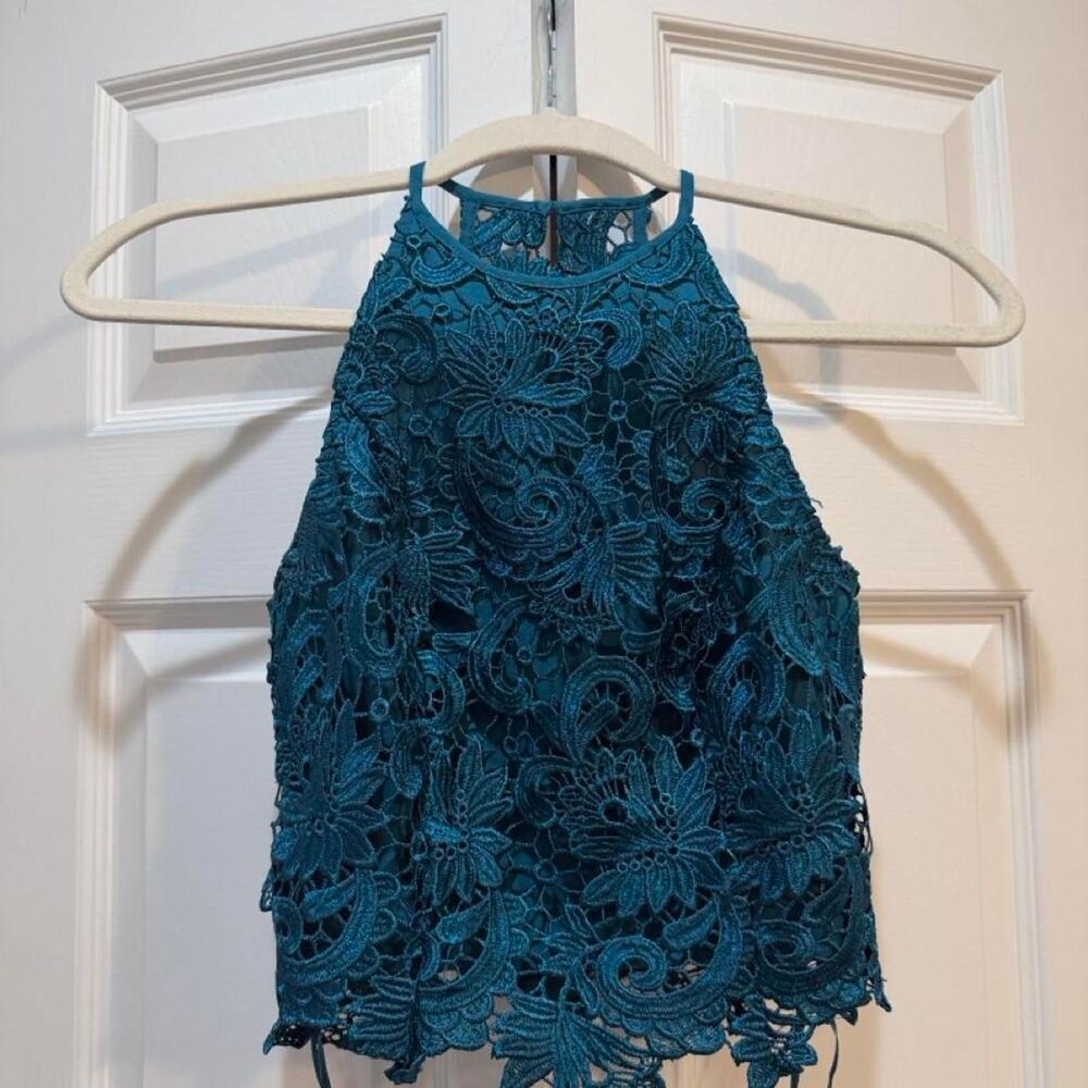 Guess Women's High Neck Teal Lace Top Size XXS